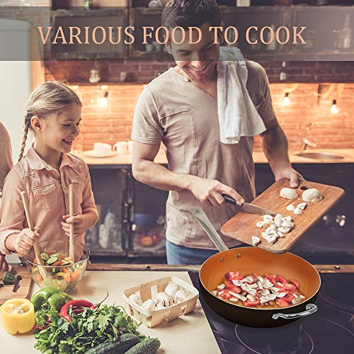 SHINEURI Copper 12 Inch Frying Pan, Wok and Stir Fry Pans with Lid, Nonstick Ceramic Copper Skillet with Stainless Steel Handle, Saute Pan for Cooking Saute Vegetables, Steaks, Induction Compatible