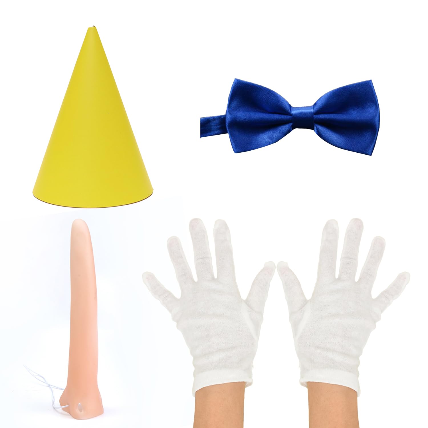 DVOFU 4Pieces Pinocchio Fancy Dress Kit Bowtie White Gloves Long Nose and Yellow Hat Fairytale World Book Day Fancy Dress Costume for Adult
