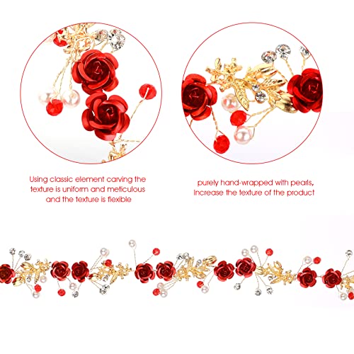 Sibba Flower Headpiece Crowns Headband Earrings Jewelry Set Bride Bridesmaids Wedding Red Tiaras Crystal Rhinestone Pearl Headwear Long Vines Rose Girl Women Mothers Day Halloween Party Hair Band #TOP3