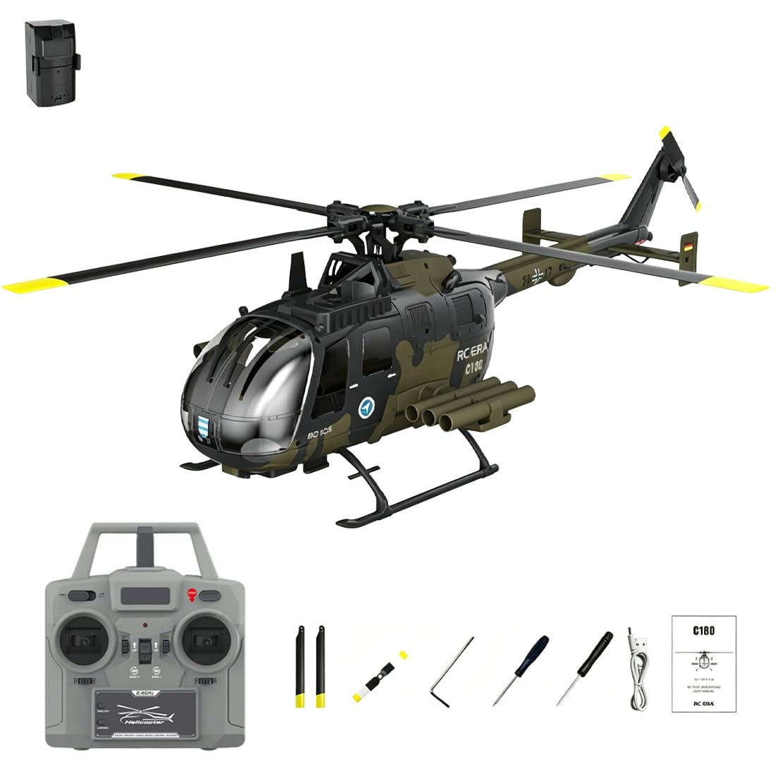 C180 Elicottero telecomandato con giroscopio a 6 assi, scala 1:25 2.4G 6CH elicottero RC senza spazzole a rotore singolo con barometrico + radar TOF Dual Altitude Hold e posizionamento ottico del
