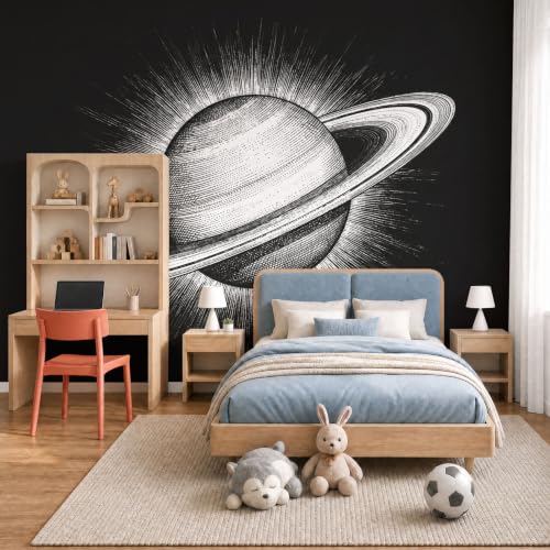 Papier Peint Panoramique Saturne Spatiale Noir pour Moderniser un Mur Terne - 4