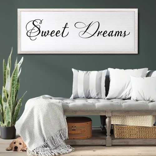 Sweet Dreams Wall Decor Above Bed 32x12 Inch Large Master Bedroom Hanging Wood Rustic Framed Farmhouse Sweet Dreams Sign Guest Room Aesthetic And Minimalist Over Bed Wall Art?White?