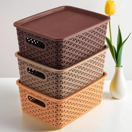 Image of BENAVJI Multipurpose Solitaire Storage Basket with Lid Strong Plastic Material & Side Grip Size Small 25 x 19 x 10.5 Multipurpose Pack of 3 Multicolor