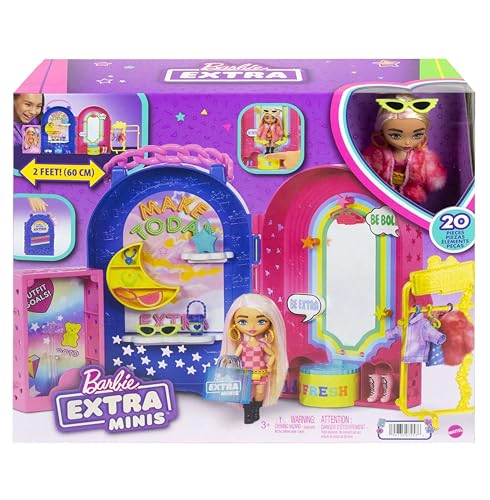 Barbie Extra Minis, Extra Mini Puppe und Boutique Spielset, Kleiderschrank mit Schränken, Regalen, Spiegeln, 360 Plattform… – Ansicht 6