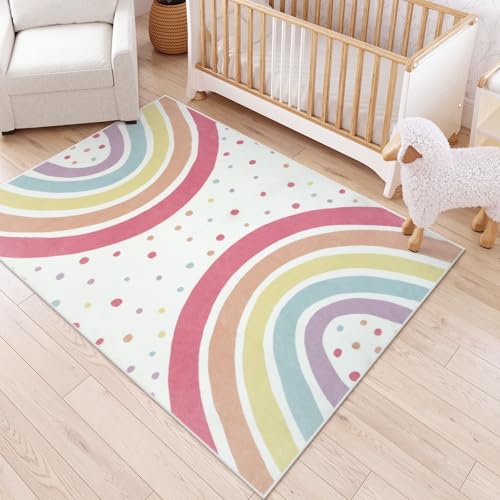 STARUIA Washable Rainbow Rug for Girls Bedroom, Large Area Rug 5x7 Colorful Rug for Nursery Kids Room, Soft Non-Slip Carpet Kids Rug for Classroom Playroom Tent Castle Dorm
