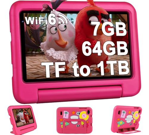 Oangcc 2025 Tablet 7 Pulgadas Android Tablet, 7GB RAM+64GB ROM(TF 1TB), WiFi 6, GMS Certified, BT 5.0, Control Parental/Dual Camera/GPS/Funda para Tableta a Prueba - Rosa