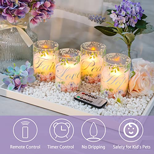 Silverstro Flickering Flameless Candles Floral Alphabet Decal Faith Hope Love Peace Real Wax Glass Flameless Candles With Remote - Home Party Room Botanical Spiritual Christian Decor Set Of 4 #TOP3