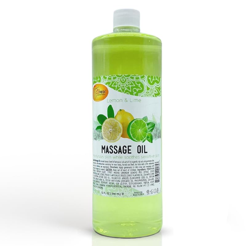SPA REDI - Massage Oil, Lemon and Lime, 32 Oz - Professional Full Body Massage Therapy, Manicure, Pedicure - Relax Sore Muscles and Repair Dry Skin,