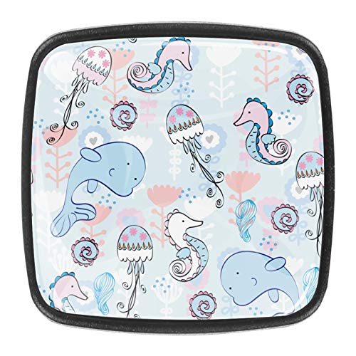 LAZEN 4 Pcs Drawer Pulls Handle Simple Paint Dolphin Jellyfish Sea Horse 30mm for Cupboard Dressing Table Square with Screws Cabinet Door Knobs