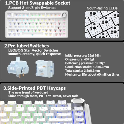 Image of AULA F75 Pro Wireless Mechanical Keyboard with Knob,75% Hot Swappable Custom Gaming Keyboards,RGB Backlit,Pre-lubed Switches,Side Printed PBT Keycaps Creamy Sounding Computer Keyboard, Line White