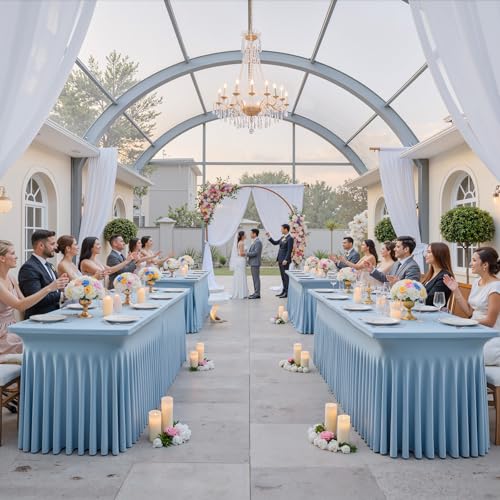 Image of NSSONBEN 2 pk Dusty Blue Spandex Tablecloth for 8 Foot Rectangle Tables,Wrinkle Free Fitted Spandex Table Covers 8ft Stretch Table Cloths with Ruffle Skirt for Parties Weddings Banquet Baby Shower