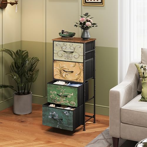 Image of WLIVE Dresser with 4 Drawers, Storage Tower, Organizer Unit, Fabric Dresser for Bedroom, Hallway, Entryway, Closets, Vintage Furniture with Sturdy Steel Frame, Wood Top, Pull Handle, Floral Painted
