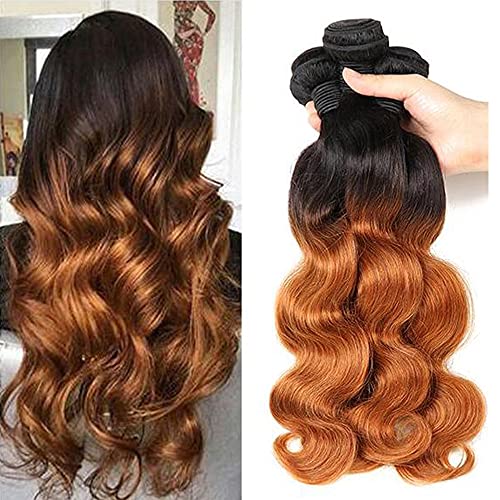 Ombre Brazilian Body Wave Bundles Two Tone Color 1B/30 100% Unprocessed Brazilian Virgin Hair Human Hair Extensions Ombre Brazilian Body Wavy Human Hair Weaves Bundles（14 14 16 16 Inch,60g/bundle ）