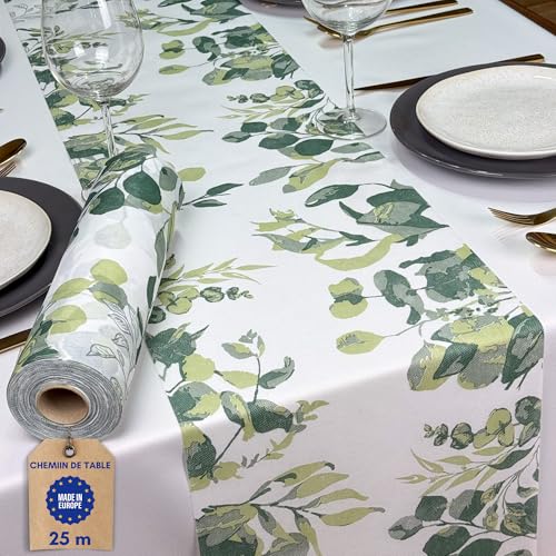 NATUARTE, Chemin de Table Vert Eucalyptus, Rouleau Tissu Non Tissé de 25 mètres x 30 centimètres, Décoration de Table, Tissu Décoration Mariage Communions...