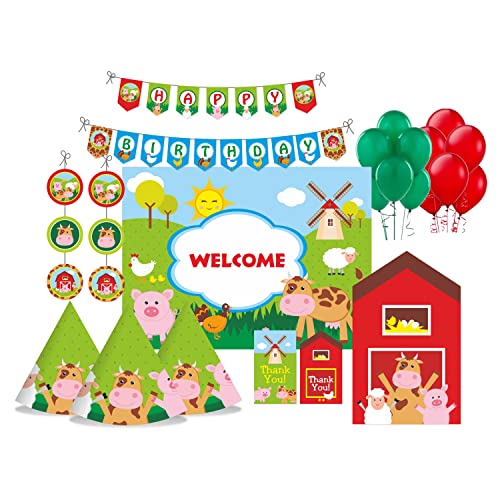 Image of PRETTY UR PARTY Farm Party decorations Kit - 80 pcs includes Banner, balloons, thank you, centerpiece, danglers, Barnyard Party Supplies, Farm friends Birthday Decor, DIY decor Pack for kids