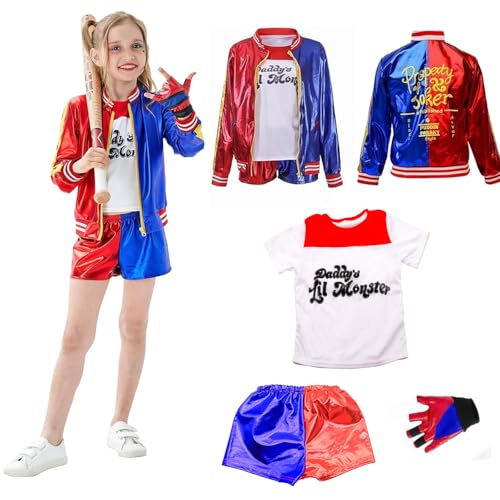 Bdwing Harlequin Disfraz para Niñas, Película Cosplay Suicide Disfraz de Carnaval, Camiseta,Guantes, Chaqueta Pantalones y Rojo Azul Cortos Conjunto per 2 3 4 5 6 7 8 9 años (L)