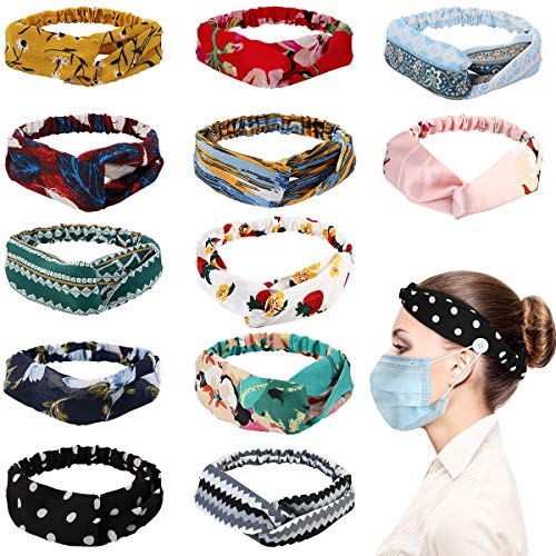 Button Headbands for Women, Kapmore 12PCS Elastic Print Headbands with Button Vintage Floral Bandeau Headbands Criss Cross Hair Wrap Hair Accessories