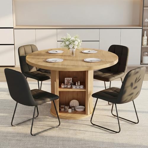 Image of 5-Piece Dining Set for Small Spaces 43.3 inch Round Table & 4 PU Leather Chairs, Modern Farmhouse with Storage Shelf, Apartment Kitchen Easy Assembly (Walnut Color Round Table + 4 U-Shaped Black Chairs)