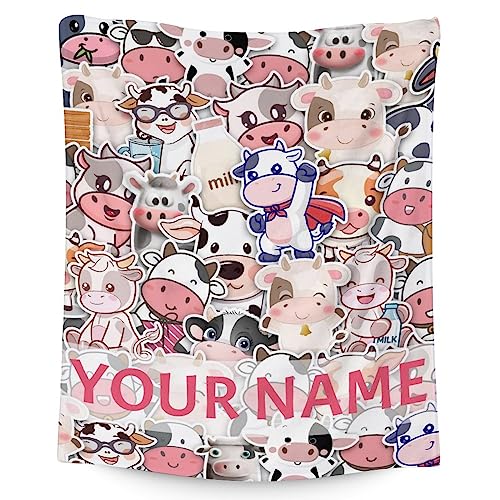 Personalized Cow Blanket Gifts with Name - 30"x40" Cute Throw for Women, Girls - Colorful Soft Fuzzy Blankets for Couch & Office