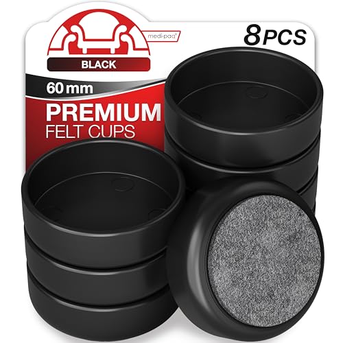 Medipaq Felt Castor Cups - 8x Large 60mm Black - Protects Wooden & Smooth Floors - Chair & Furniture Leg Protectors