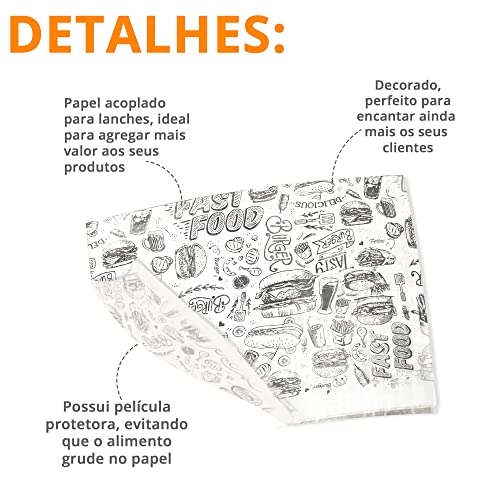 Papel Acoplado Embrulhar Lanches Hambúrguer Delivery 400un