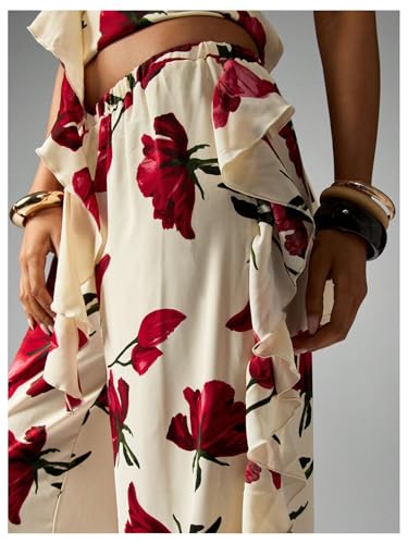 Women's Floral Palazzo Pants Boho Ruffle Elastic High Waist Wide Leg Baggy Trousers3