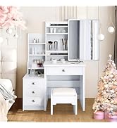 Amazon｜ドレッサー 化粧台 コンパクト ホワイト スツール付き 鏡台 大