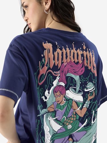 Image of The Souled Store Zodiac: Aquarius Women and Girls Short Sleeves Round Neck Blue Graphic Printed Cotton Oversized T-Shirts