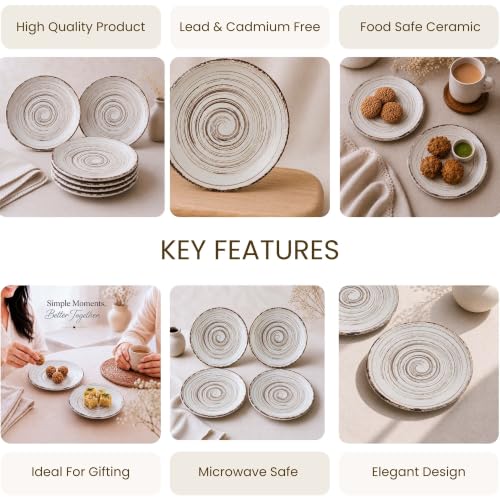 Image of The Earth Store Brown Spiral Ceramic Quarter Plate Set of 6 - 7.5 Inch Ceramic Plate | Microwave & Dishwasher Safe Ceramic Snack Plate | Small Plate for Snacks, Desserts & Appetizers