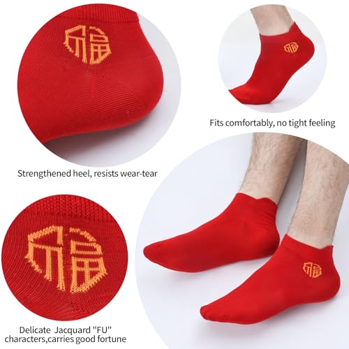 Men's Red Socks Ankle Socks Comfortable White/Black Casual With Heel Tab,Chinese New Year Socks, Size 6-10 (6 pairs)3