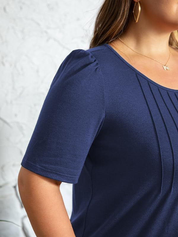 CARRROTMOB Plus Size Womens Summer Tops Puff Short Sleeve Crew Neck Pleated T Shirts Loose Dressy Casual Blouses - Image 4