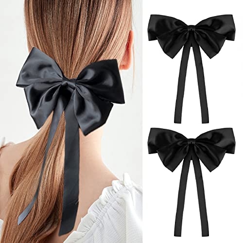 2 pinzas para el cabello negro, regalo del día de la madre, con cinta de satén sedosa, lazo grande para fiestas, accesorios para el cabello, regalo para niñas y mujeres (2 unidades) negro) Cover