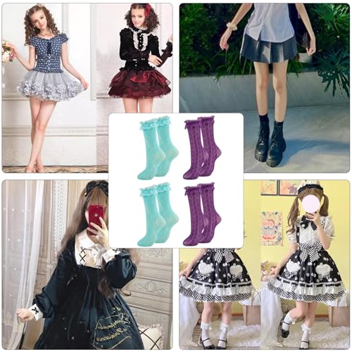 Image of Women Lace Ruffle Socks White Black Frilly Lolita Crew Dress Socks