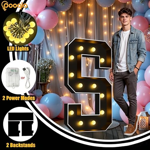 Image of Pooqla 4FT Marquee Light Up Letters, Black Large Letter V Party Decorations | LED Marquee Letters 4 Feet Tall, Black Giant Mosaic Letters Gift for Boys Men Birthday Anniversary Wedding Decoration