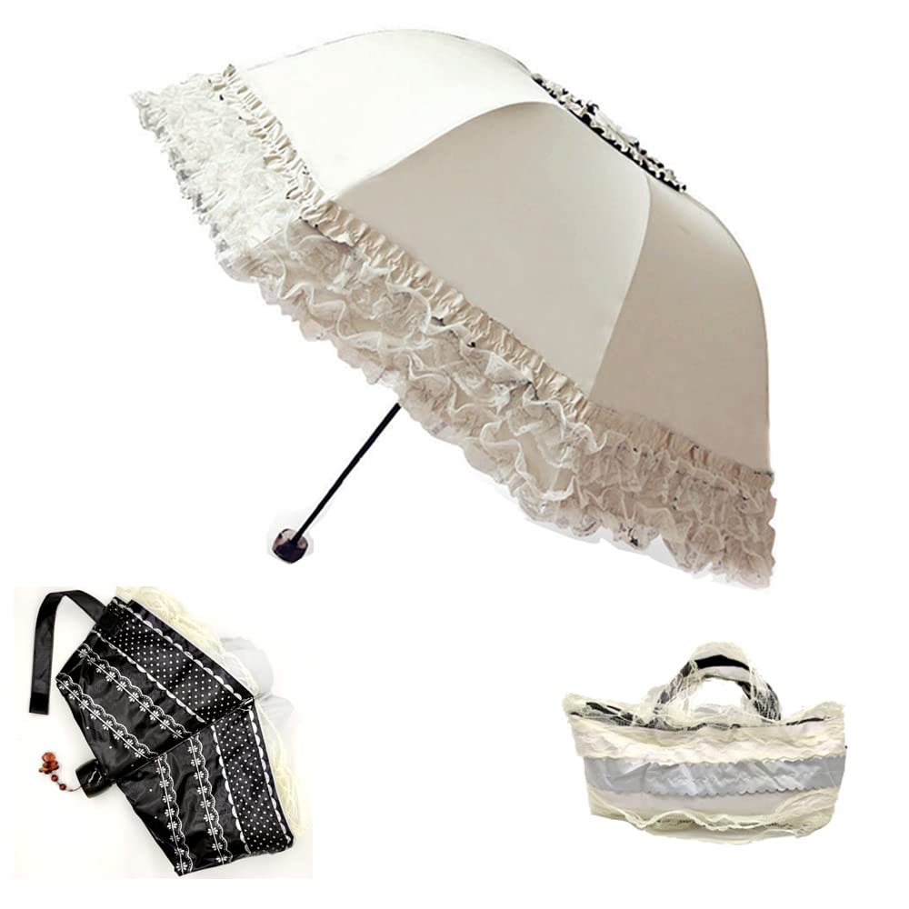 WANLIAN Parasol en Dentelle Pliable Parapluie de Voyage Résistant aux UV pour Femmes et Filles, Blanc