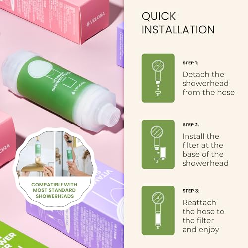 Image of VELORA Vitamin C Shower Filter and Water Softener for Hard Water - Aromatherapy Shower Head Attachment - Universal Fit, Easy to Install - Reduces Dry Itchy Skin and Nourish Hair - Forest-Scented