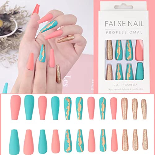 ZHOUYIYI 24PCS Long French Press on Nails Coffin Luxury Fake Nails Acrylic Ballerina Full Cover False Nails Set Women and Girls Square Glue on Nails,Ballerina False Nailsï¼ˆgreenï¼‰