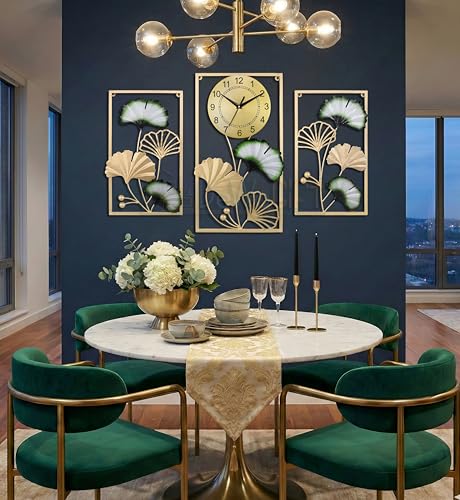 Image of Luxury Ginkgo Leaf Metal Wall Clock - Large Gold & Green Botanical Wall Art Set for Living Room, Bedroom, and Hallway Decor - Modern Silent Quartz Movement - Set of 3