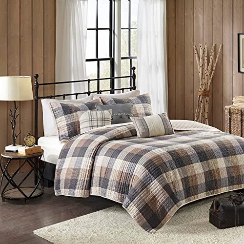 Image of Madison Park Reversible Quilt Cabin Lifestyle Plaid Design - All Season, Breathable Coverlet Bedspread Bedding Set, Matching Shams, Full /Queen(90 inchx90 inch), Neutral 6 Piece