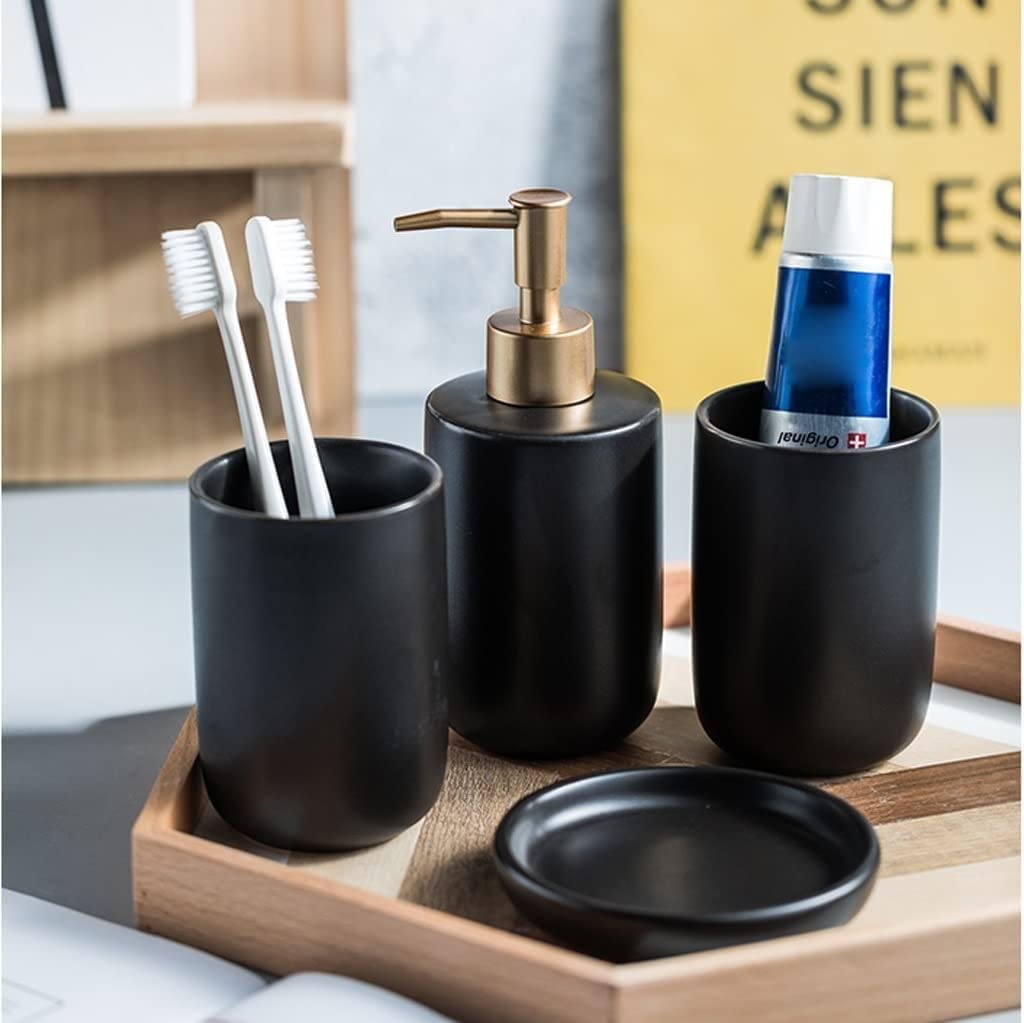 Dispenser Sapone Set di Dispenser Sapone in Ceramica da 3 Pezzi con Portasapone E Tazza per Collutorio Accessori per Il Bagno in Tinta Unita, Flacone per Lozione 350 Ml/11,5 Once per Bagno(B)