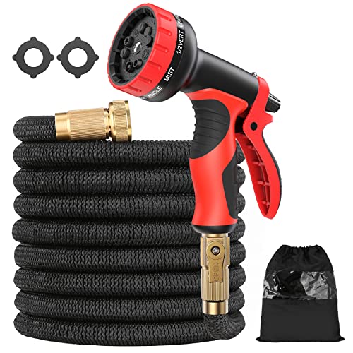 Expandable Garden Hose 100FT, Durable Flexible Water Hose with 10 Function Nozzle 3-Layers Latex Strength Fabric 3/4 Inch Solid Brass Fittings No-Kink Lightweight Perfect for Watering & Washing