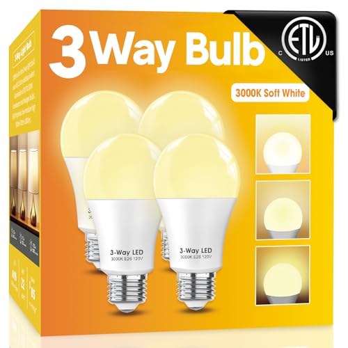 Gonhom ETL Listed 3 Way LED Light Bulbs 4 Pack,Soft White 3000K 30 70 100 Watt Equivalent, A19 Three Way Light Bulbs,E26 Base 3 Way Bulb for Reading,Bedroom Room