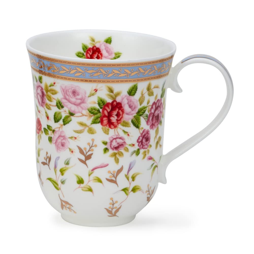 Dunoon Braemar 0.33 L Fine Bone China Floral Mug Roseanne Blue or Pink with Gold Detailing (Blue)