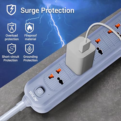 Image of Electric PS421 Power Strip,10ft Universal Extension Cord 4 AC Outlets 2USB 1 Type C PD Ports, Flat Plug, Max 2500W, 220-250v, Multiple Outlet Extender for Home Office Store Grey