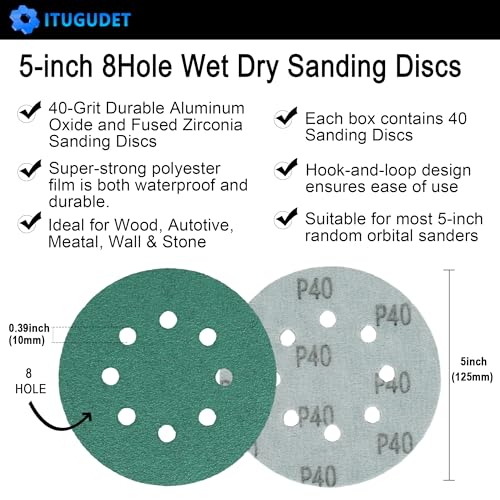 Image of 5 Inch 8 Hole 40 Grit Zirconia Alumina Hook & Loop Sanding Discs, Heavy-Duty Polyester Film Backing, Wet /Dry Anti-Clog for Random Orbital Sanders - Wood, Automotive, Metal - 40 Pack