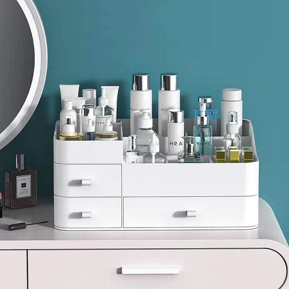 FohomeMakeup Organizer for Vanity, Cosmetic Storage Box with Drawers for Cosmetics, Lipsticks, Jewelry, Skincare, Large Capacity Cosmetic Organizer for Bedroom or Bathroom (White)