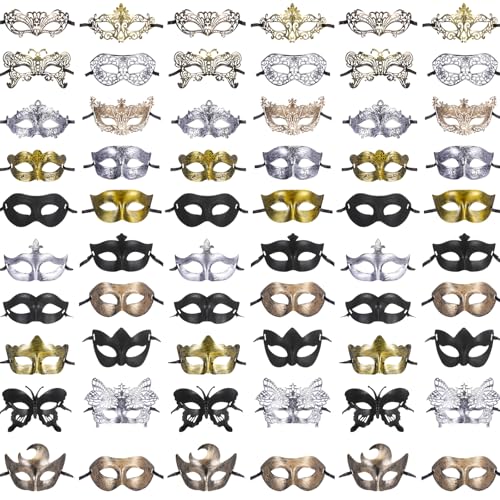 Chivao 60 Pcs Masquerade Masks for Women Men Couple Bulk Venetian Mask Vintage Antique Adult Face Halloween Costumes Party(Modern)