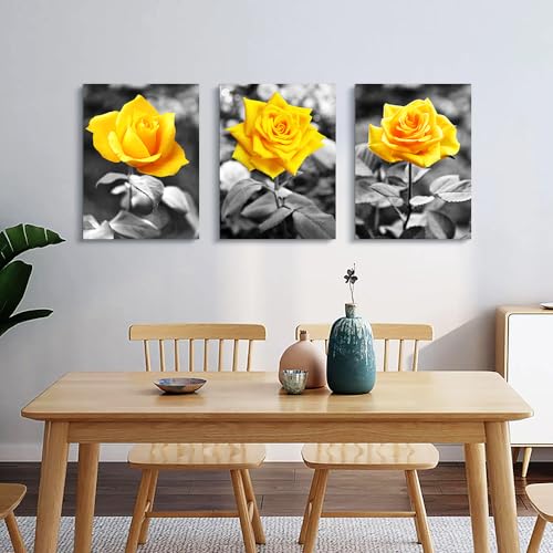 DZRWUBHS Canvas Wall Decoration For Living Room Framed Wall Art For Bedroom Black And White Prints Pictures Yellow Rose Flowers Paintings Artworks Modern Bathroom Kitchen office Walls Decor 3 Piece