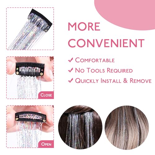 Image of WENNALIFE Hair Tinsel Clip In for Girls Silver, 12pcs 24 inch Clips Tinsel Hair Extensions Clip in Colorful Glitter Clips Sparkle Fairy Hair Accessories for Kids