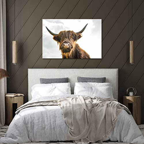 Sechars - Animal Canvas Wall Art Close-Up Highland Cattle With Long Horns Picture Print On Canvas Painting For Home Decor Modern Living Room Decorations,Framed Ready To Hang,24 X 36 #TOP4